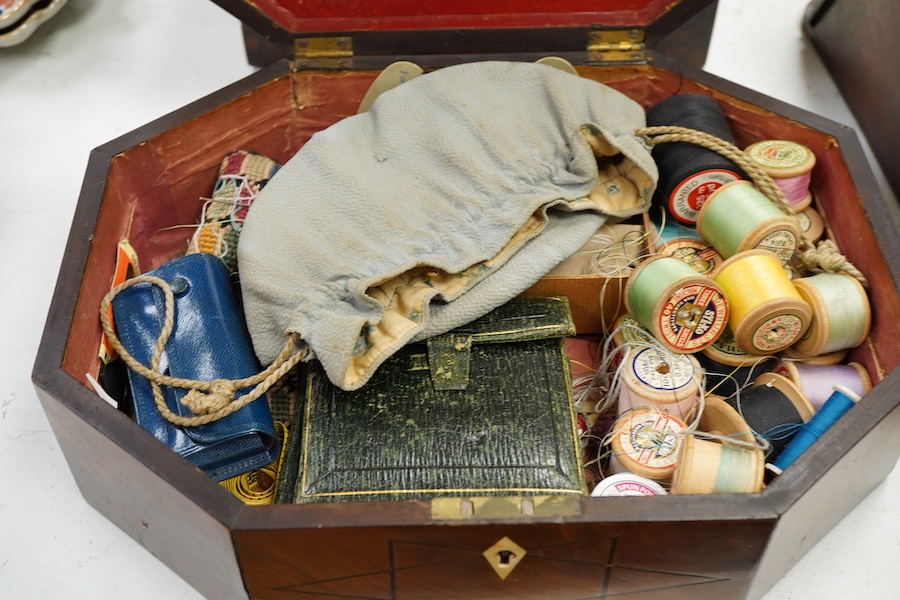 A George III octagonal work box, with various sewing accessories, a candle box and a burr walnut box, largest 35cm wide